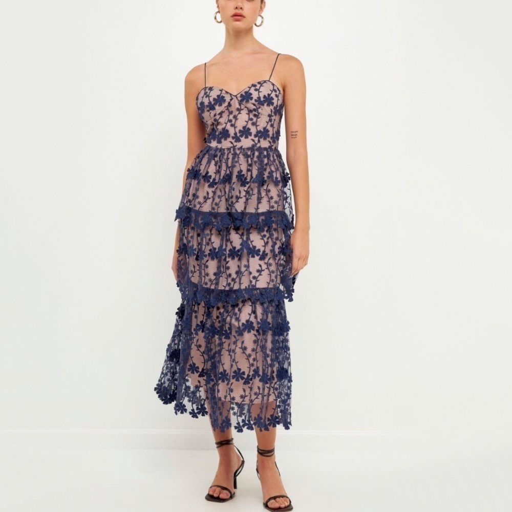 NWT Endless Rose Crochet Tiered Layered Tulle Midi Dress in Navy